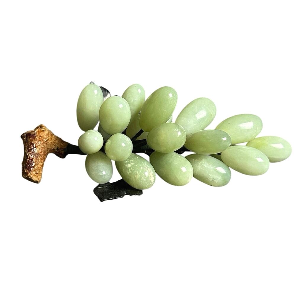 Vintage Chinese jade grape cluster 8” carved leaves stone fruit Chinoiserie